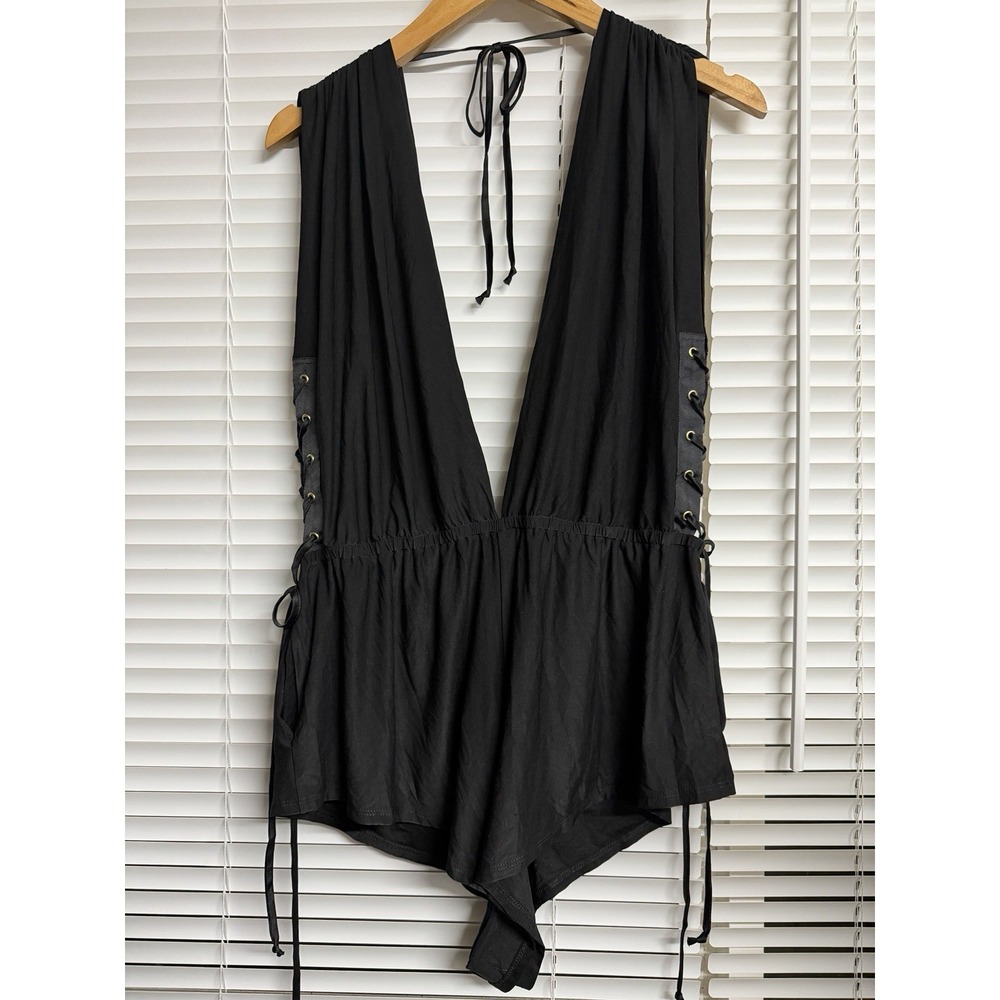 Free People HAH by Hot as Hell Black Romper‎ V Neck Lace Up Coquette Sexy